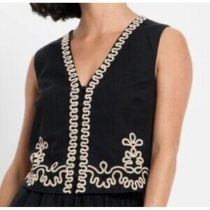Future Collective Jenee Naylor Black Cream Embroidered Ric Rac Crop Vest Top M